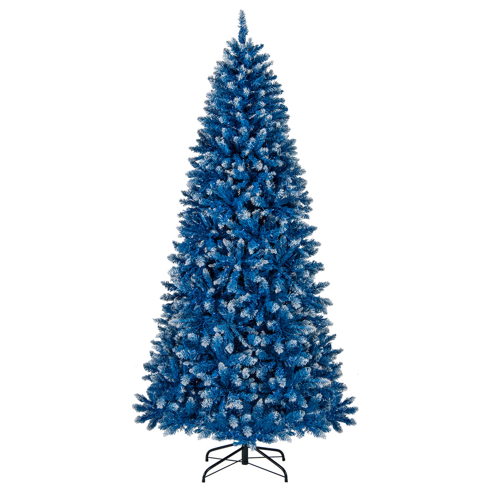 7 FT snowy blue artificial Christmas tree with 767 branch tips and warm white LED lights for festive decoration.