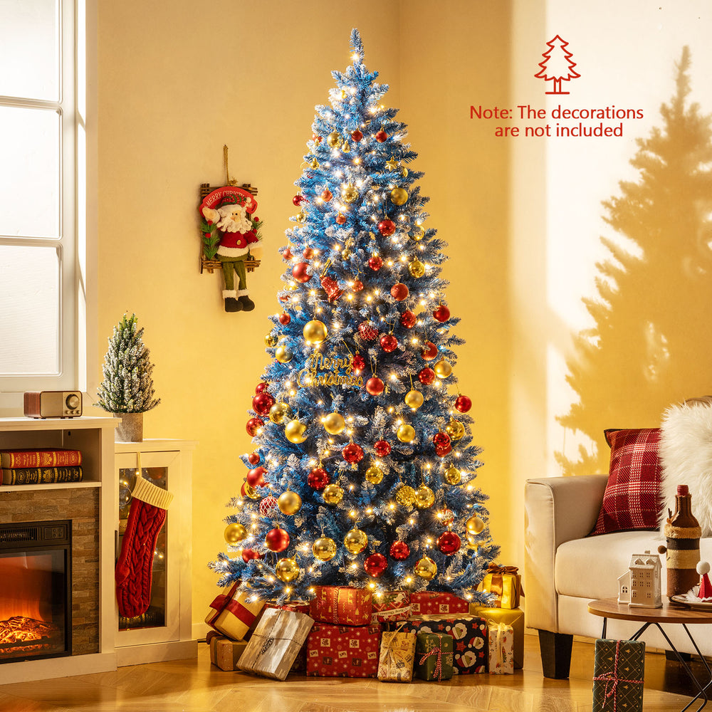 7 FT snowy blue artificial Christmas tree with 767 branch tips and 270 warm white LED lights, perfect for holiday decor.
