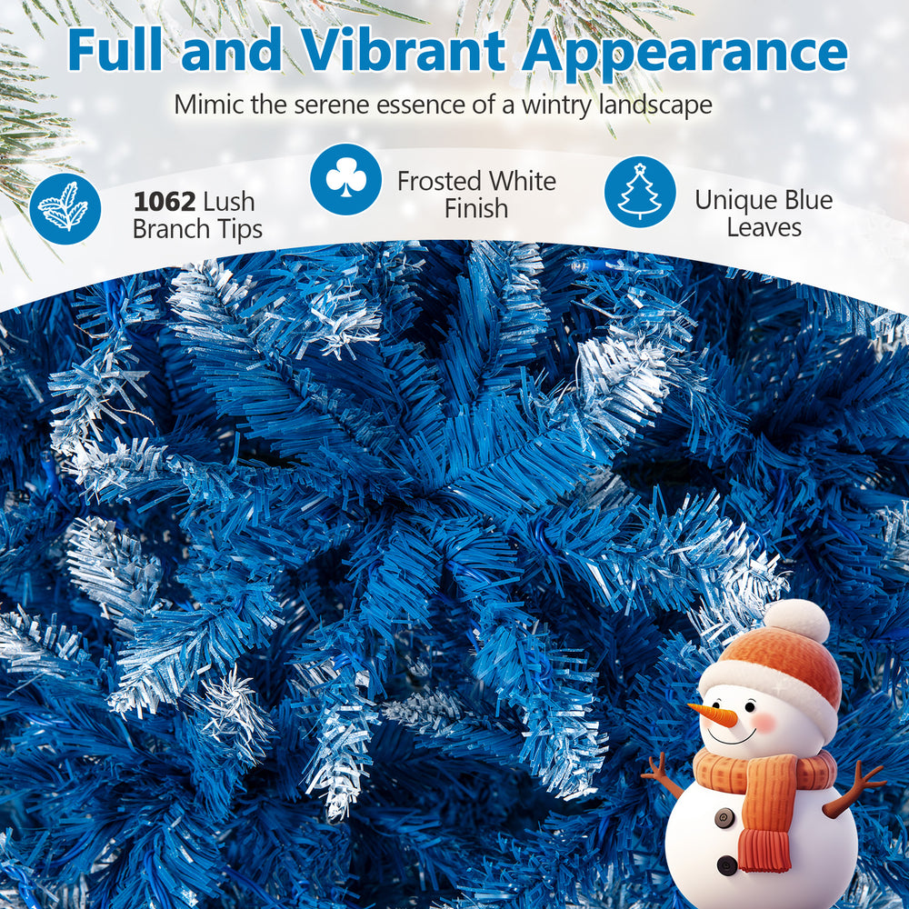 Snowy blue 7 FT artificial Christmas tree with 767 branch tips and warm white LED lights for festive decoration.
