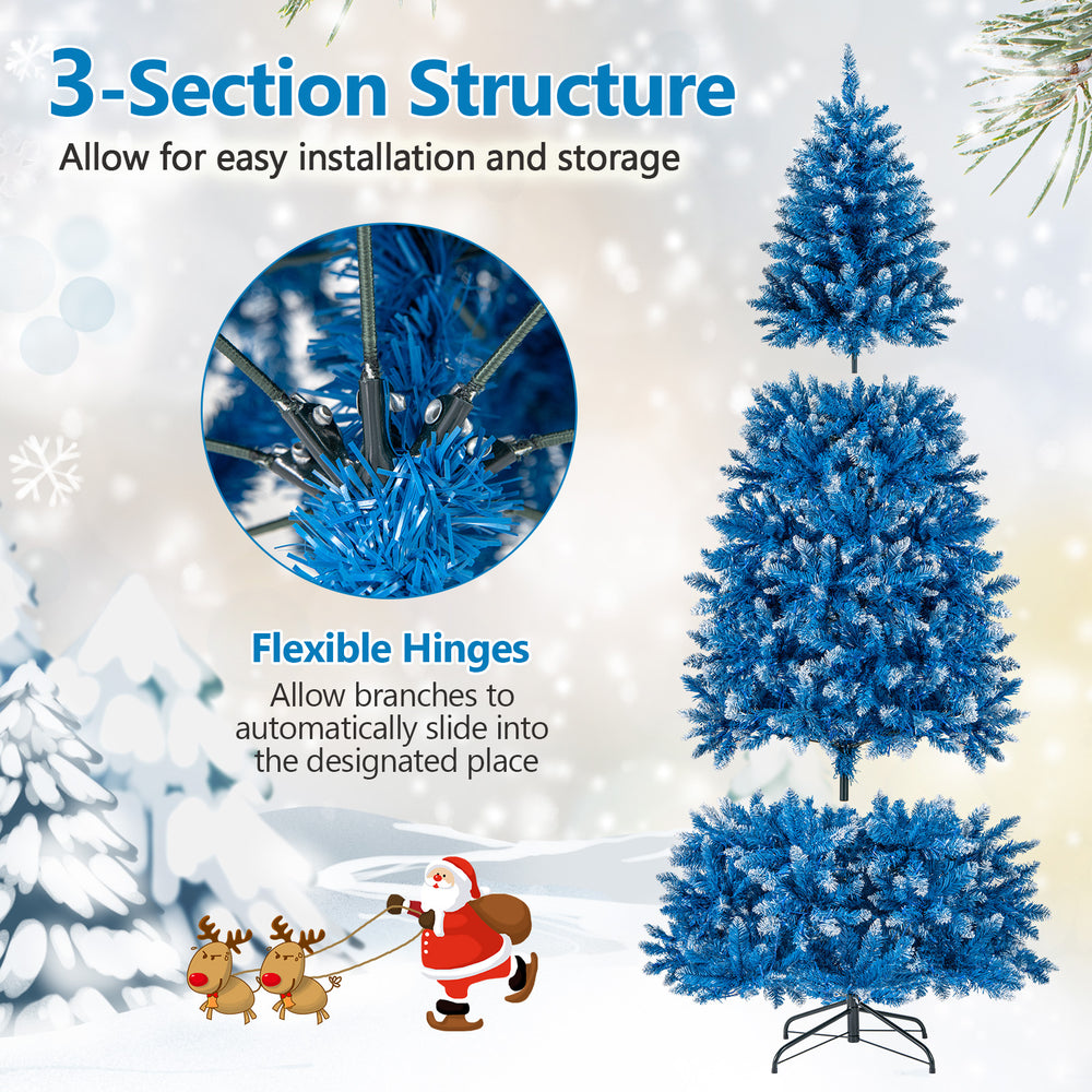 Blue 7 FT artificial Christmas tree with 767 snowy branch tips and 270 warm white LED lights for festive decoration.