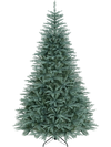 Artificial blue-green Christmas tree with 1765 branch tips, hinged design for easy setup, ideal for festive decor.