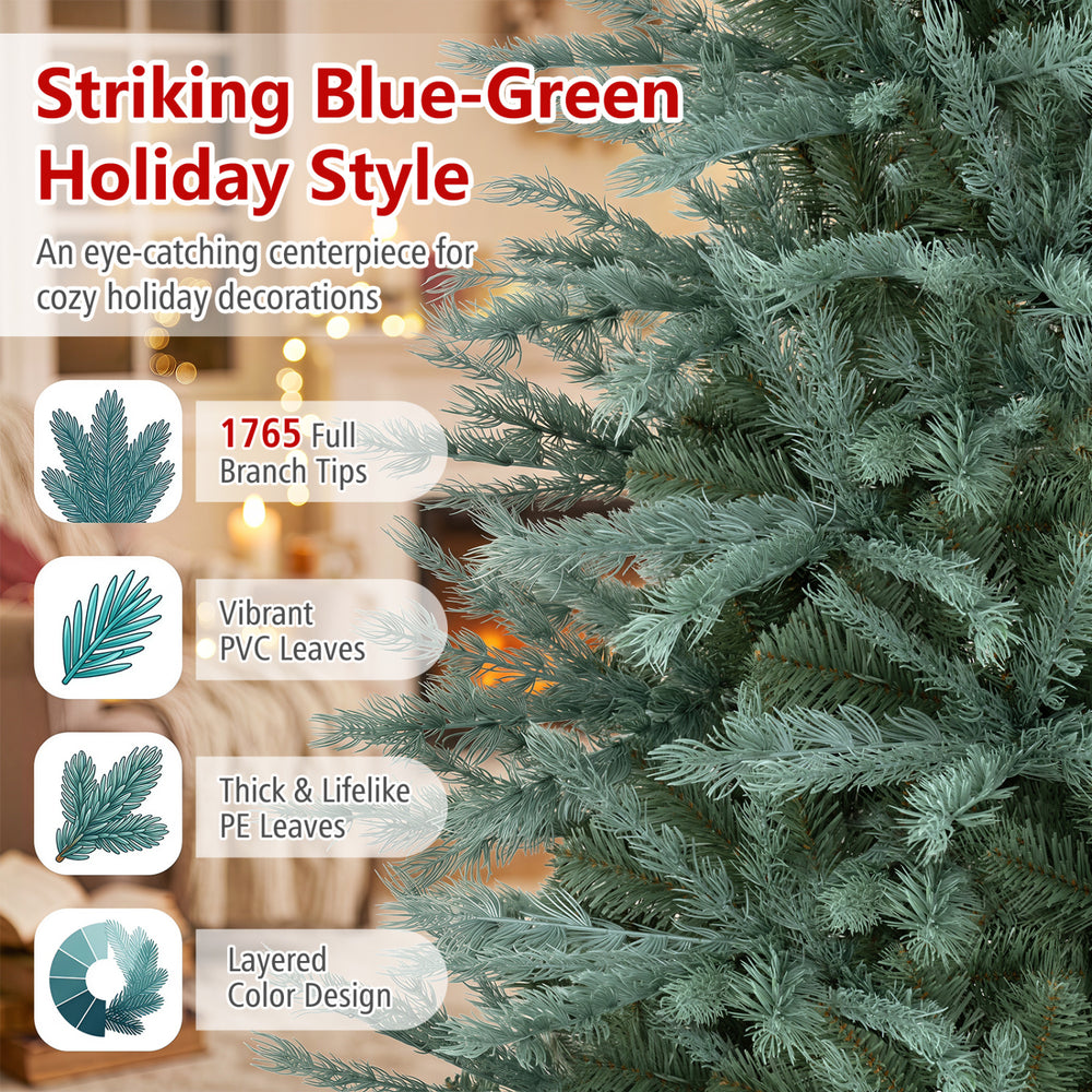 Lush 8 FT blue-green artificial Christmas tree with 1765 branch tips, perfect for festive home or office decorations.