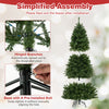 Pre-lit artificial Christmas tree with hinged branches, 700 LED lights, and a sturdy metal base for easy setup.