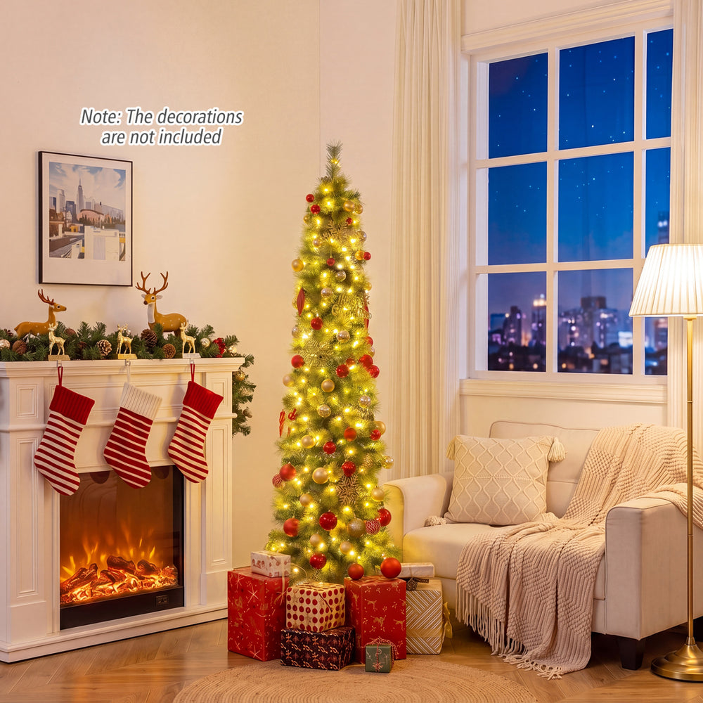 Pre-lit 6/7/8 FT pencil Christmas tree with warm white LED lights, ideal for small spaces, perfect for holiday decor.
