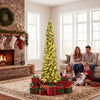 Pre-lit 6/7/8 FT pencil Christmas tree with warm white LED lights, surrounded by gifts in a cozy living room setting.