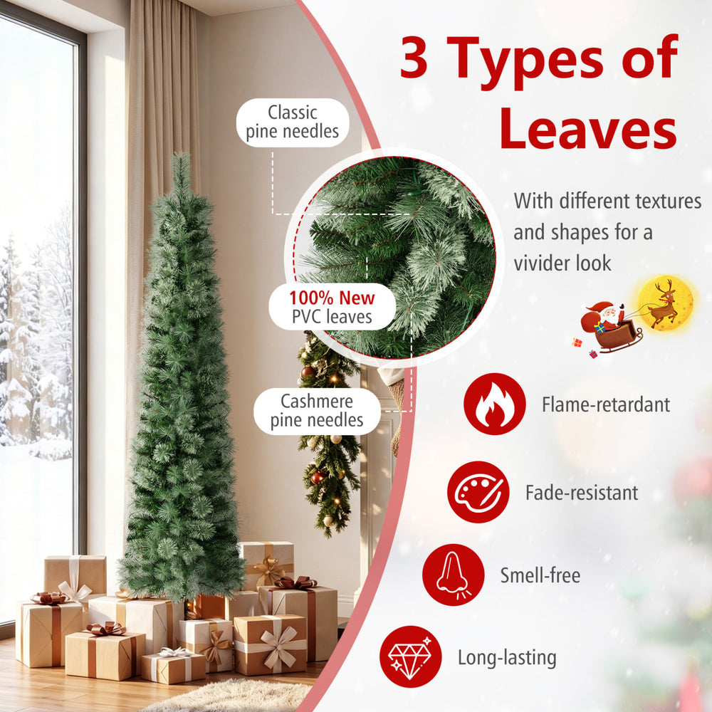 Pre-lit pencil artificial Christmas tree with 120 LED warm white lights, featuring 3 types of leaves for a realistic.