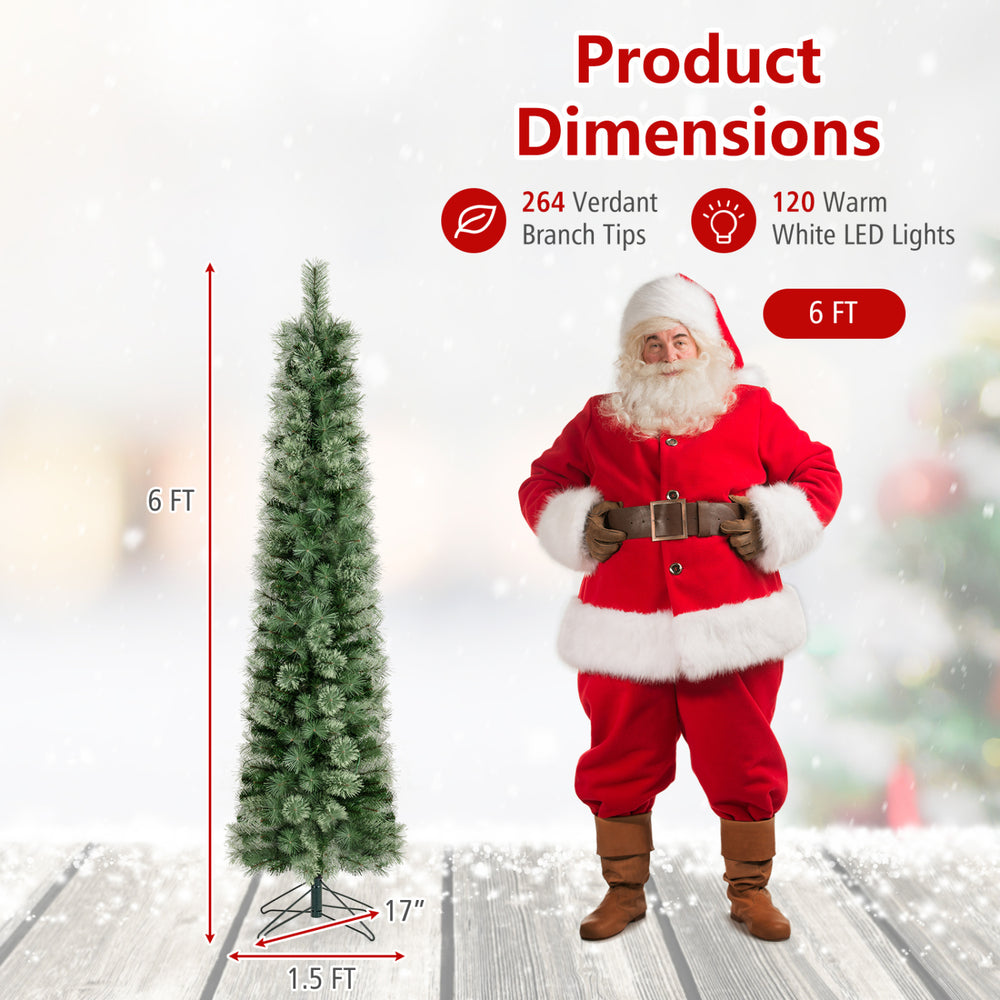 6 FT pre-lit pencil artificial Christmas tree with 120 warm white LED lights, ideal for small spaces and festive decor.