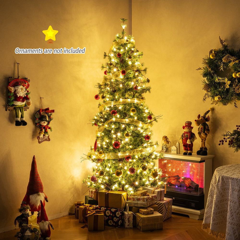 6/7/8 Feet Artificial Christmas Tree Pre-lit Hinged Xmas Tree with Warm White LED Lights and Pine Cones-7ft - Gallery View 1 of 9