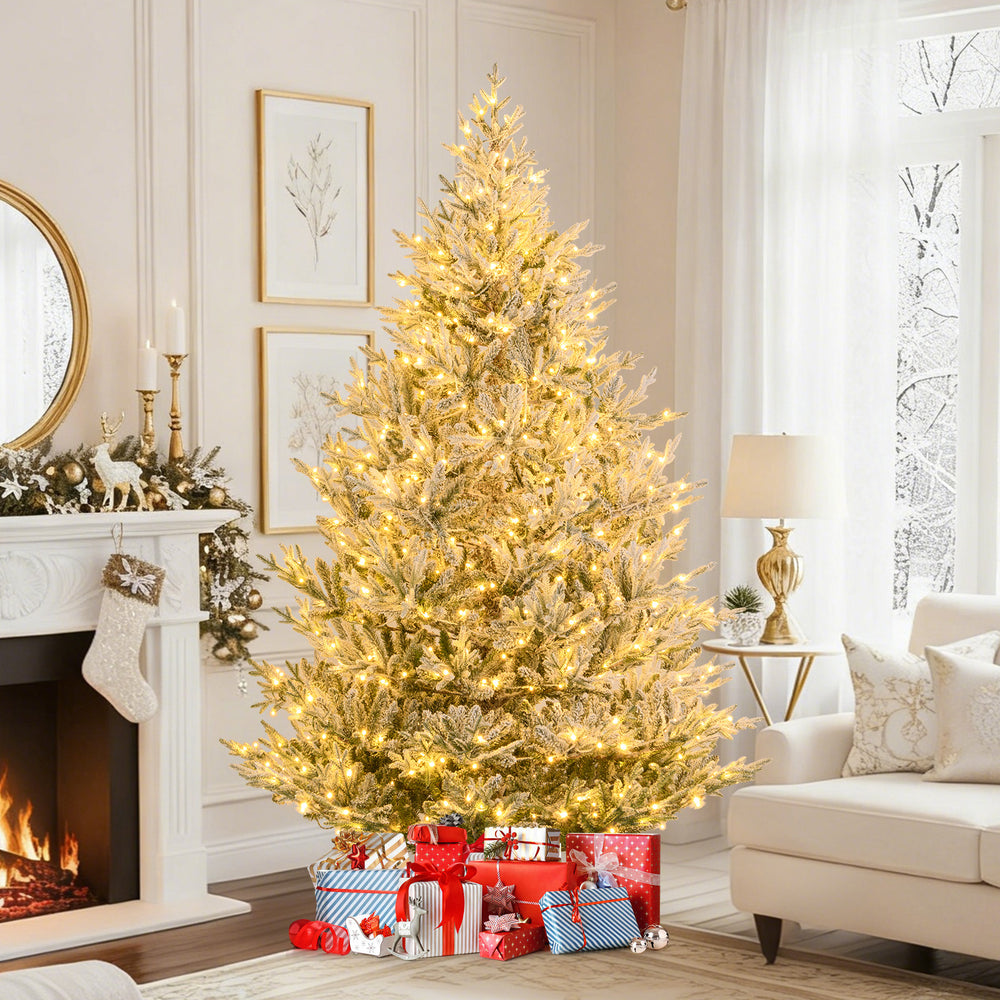 6/7/8 Feet Pre-Lit Artificial Christmas Tree Hinged Snow Flocked Xmas Tree-8 Feet - Gallery View 1 of 10