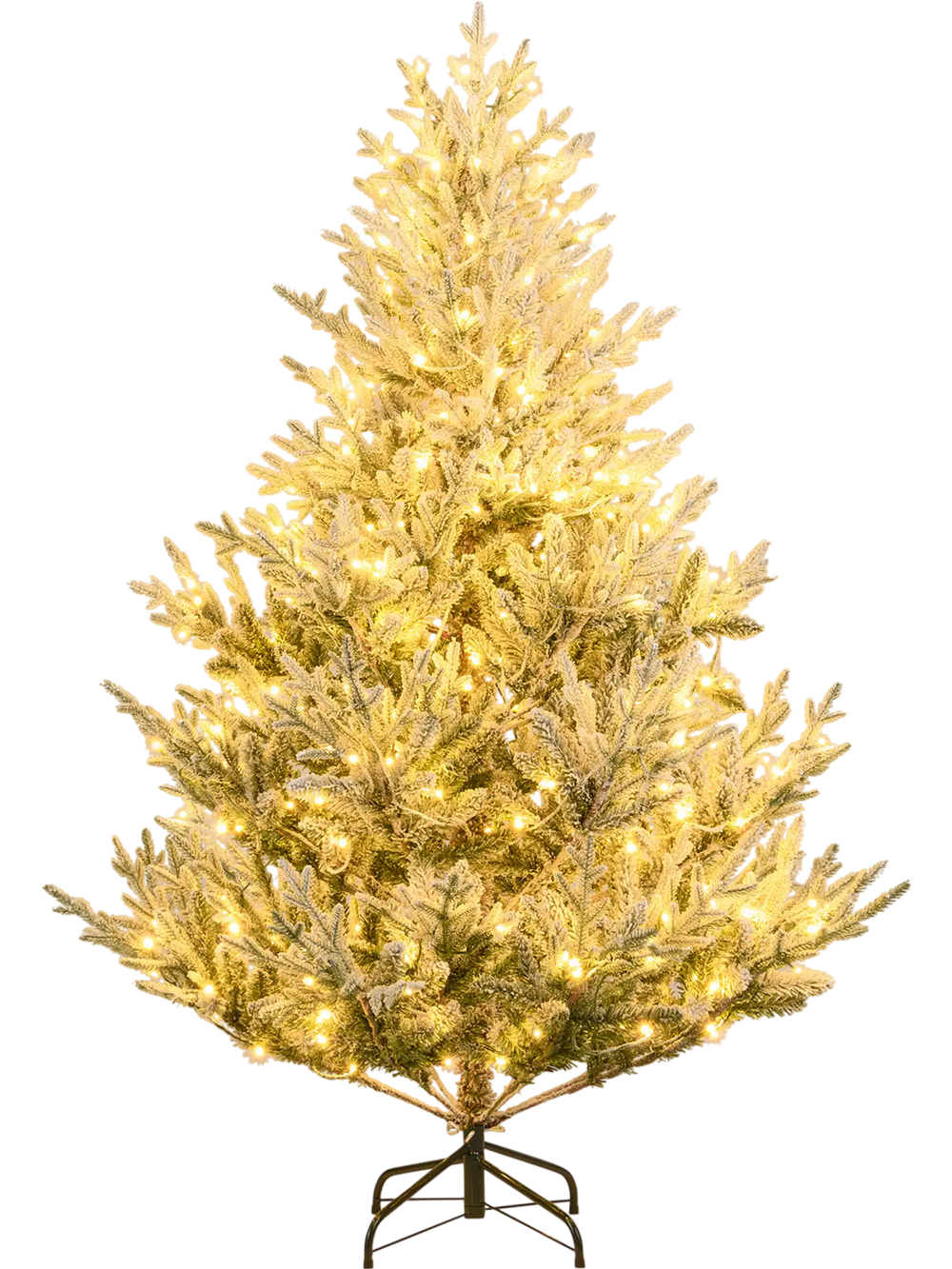 6-foot pre-lit artificial Christmas tree with snow flocking and 340 warm white LED lights for festive holiday decor.