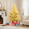Hinged 6-foot pre-lit artificial Christmas tree with 340 warm white LED lights, set up near a cozy fireplace and gifts.