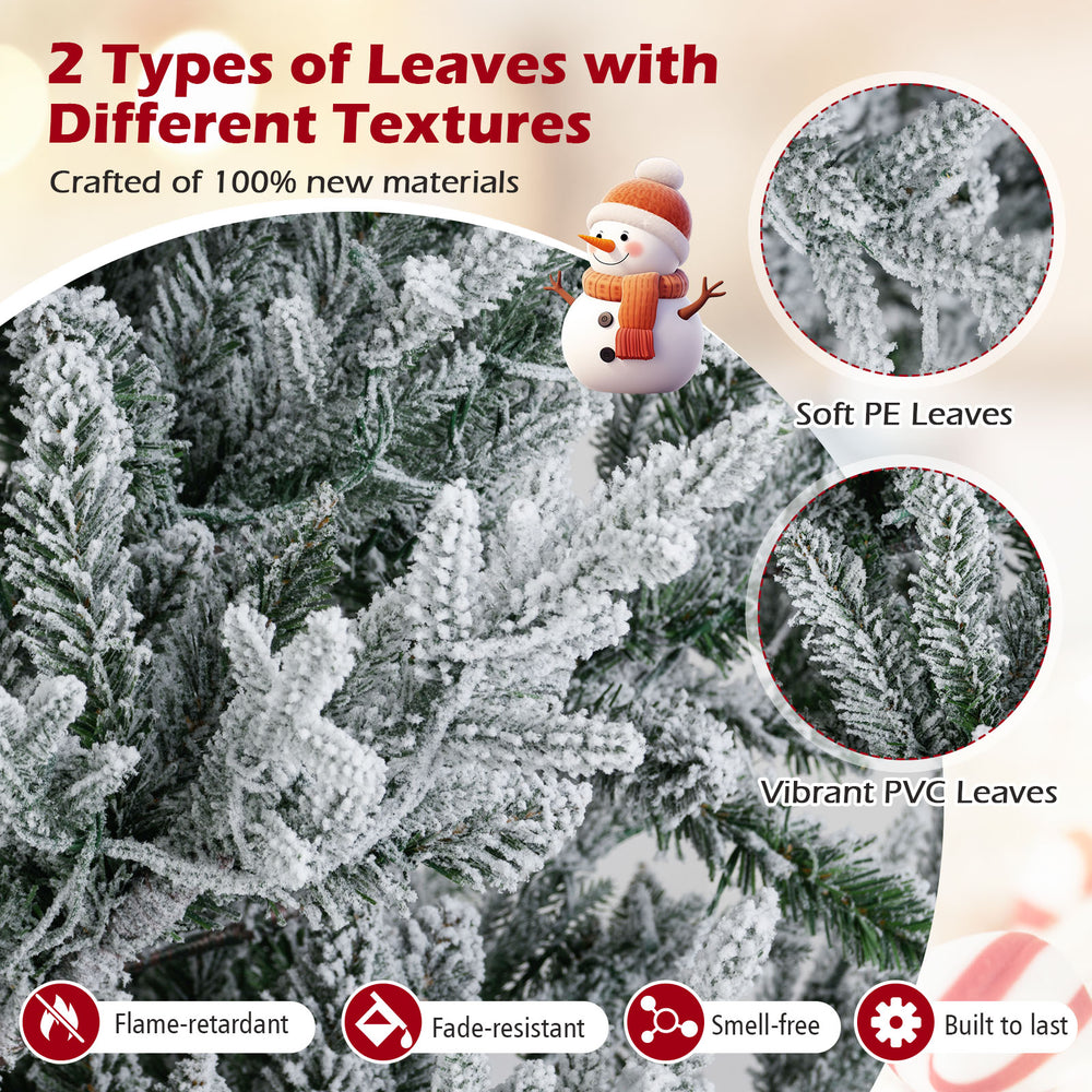 Close-up of snow flocked leaves on a pre-lit 6 ft artificial Christmas tree, featuring soft PE and vibrant PVC textures.