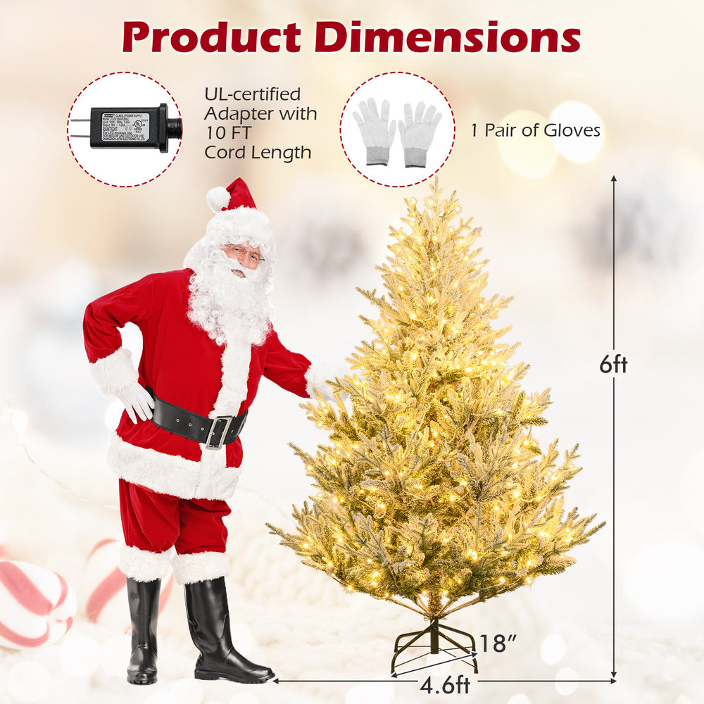 6 ft pre-lit artificial Christmas tree with snow flocking, 340 warm white LED lights, perfect for festive decoration.
