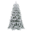 6-foot snow-flocked artificial Christmas tree with 260 warm white LED lights and hinged branches for easy setup.