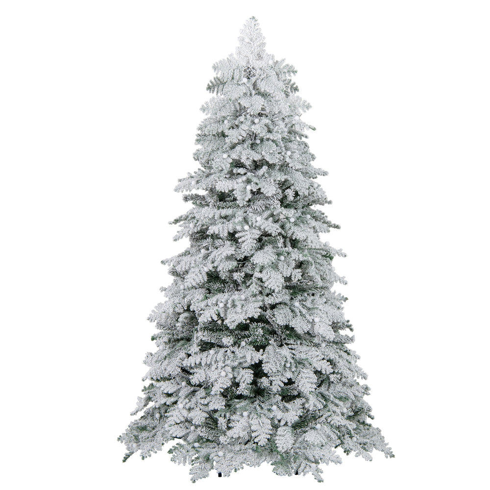 6-foot snow-flocked artificial Christmas tree with 260 warm white LED lights and hinged branches for easy setup.