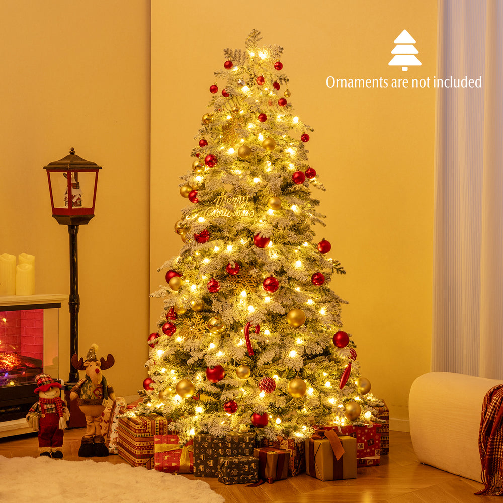 6-foot snow-flocked Christmas tree with 260 warm white LED lights, perfect for festive home decor and easy assembly.