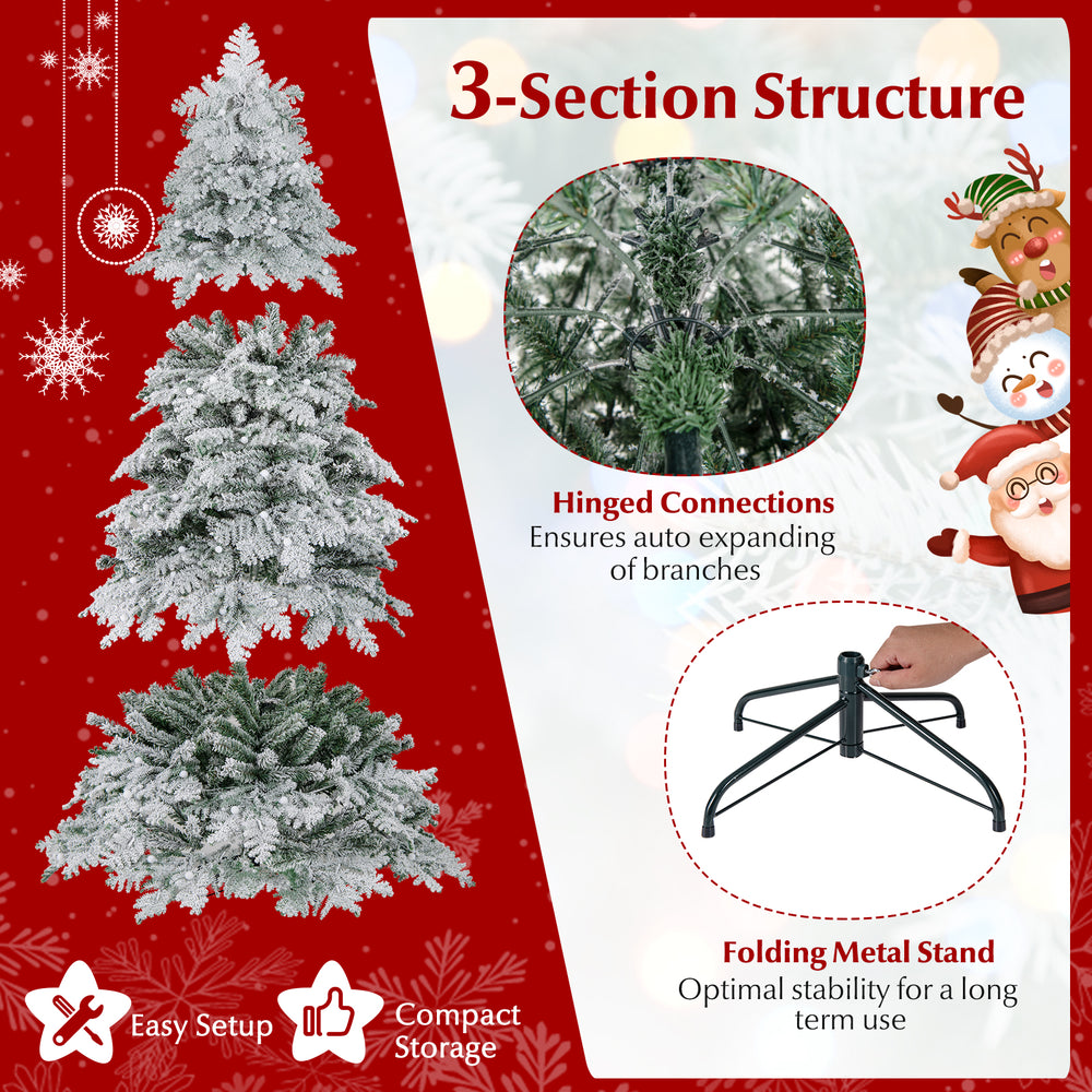 6-foot snow-flocked artificial Christmas tree with pre-lit LED lights, hinged branches, and a folding metal stand for.