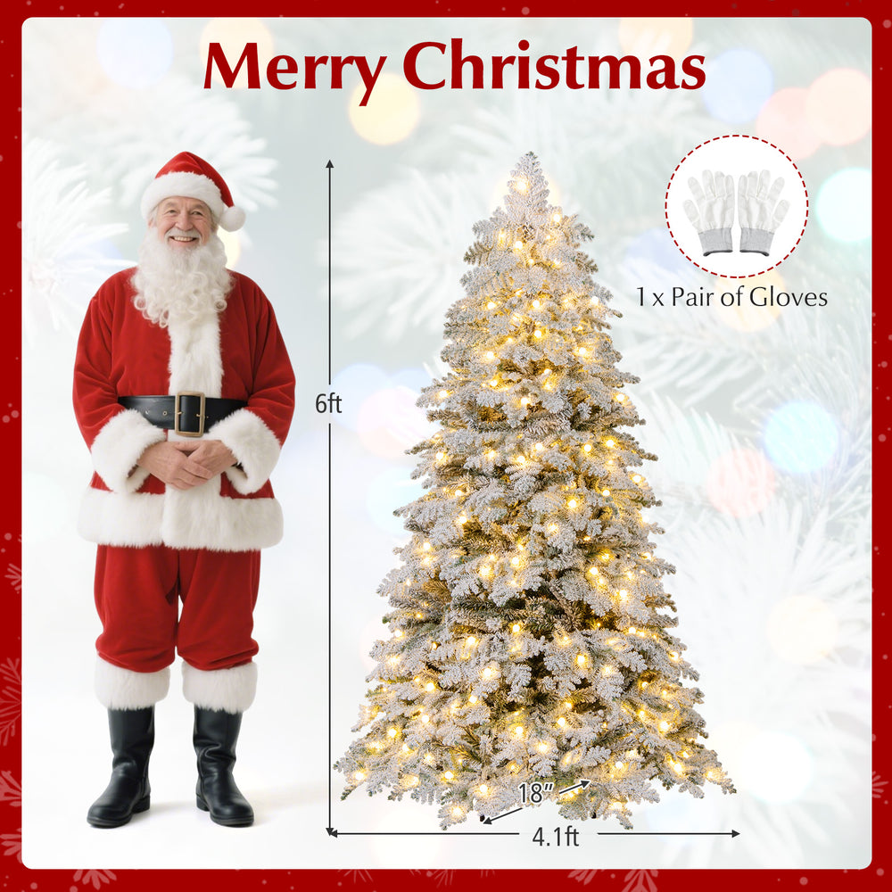 6-foot snow-flocked artificial Christmas tree with 260 warm white LED lights, perfect for festive home decorations.