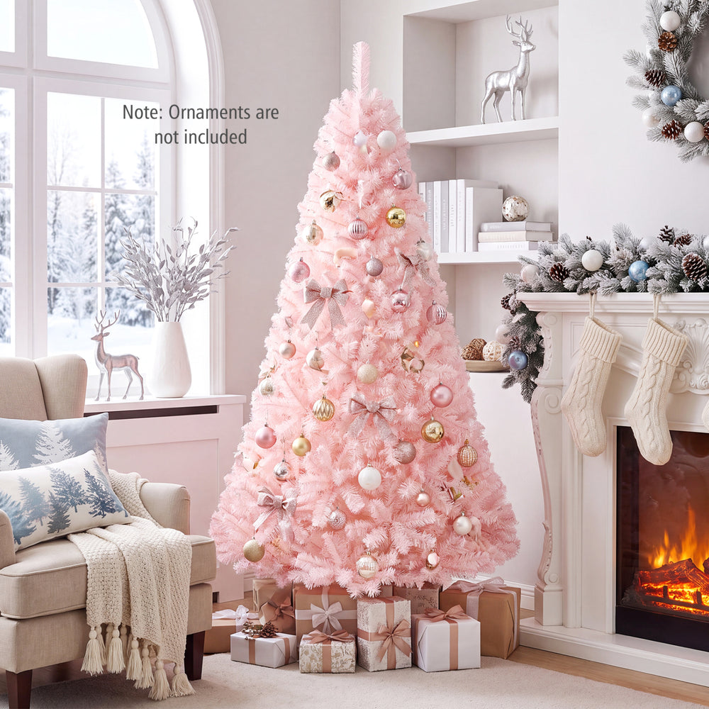 Pink 6ft artificial Christmas tree made of eco-friendly PVC, featuring a hinged design for easy assembly and storage.
