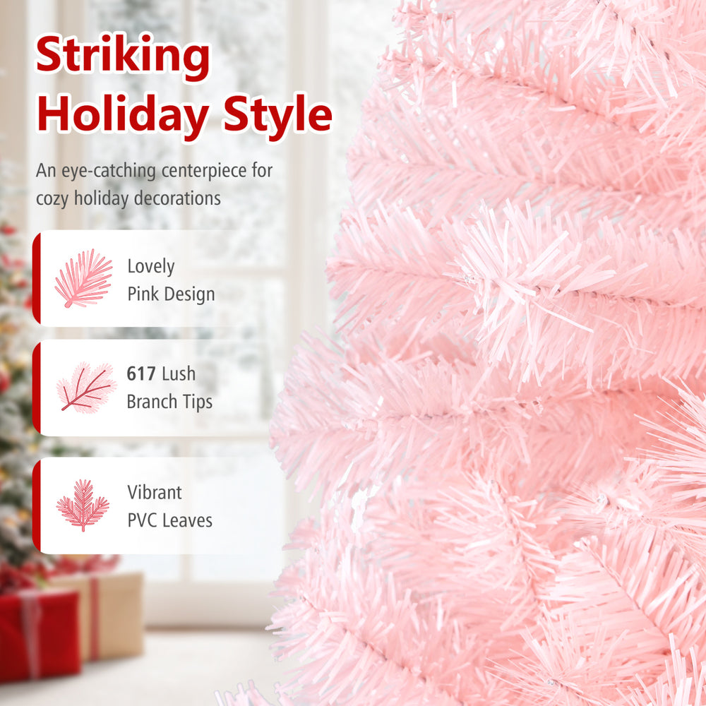 Pink 6ft artificial Christmas tree with 617 branch tips, made of non-flammable PVC, perfect for festive home decoration.