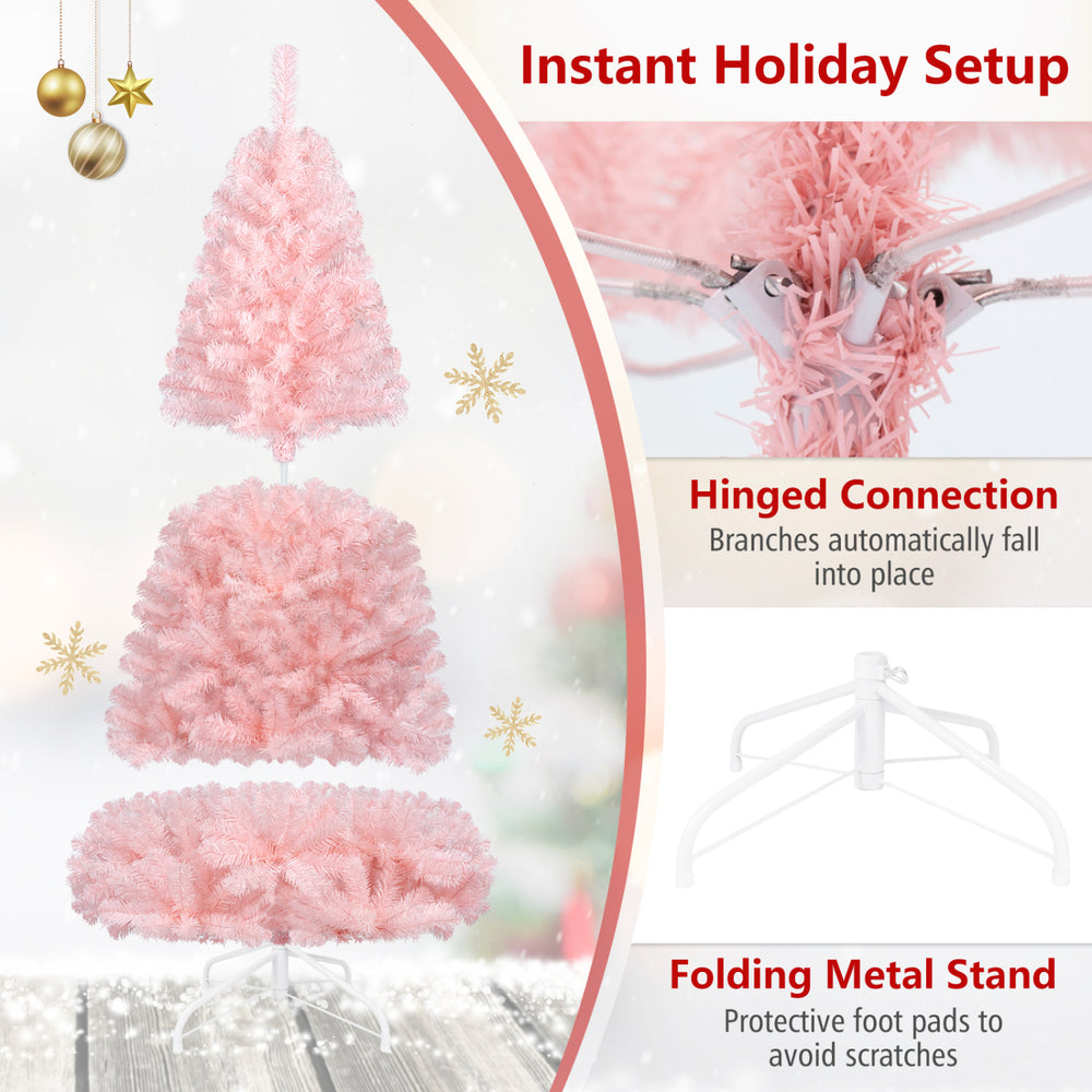 Pink 6-foot artificial Christmas tree with hinged construction and foldable metal stand for easy assembly and stability.