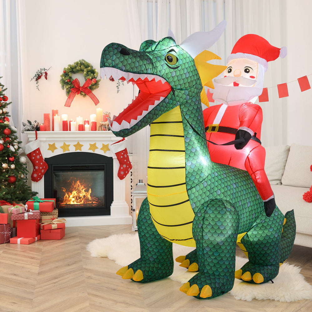 Christmas inflatable featuring Santa Claus riding a dinosaur, 6.7 feet tall, with built-in LED lights for festive decor.