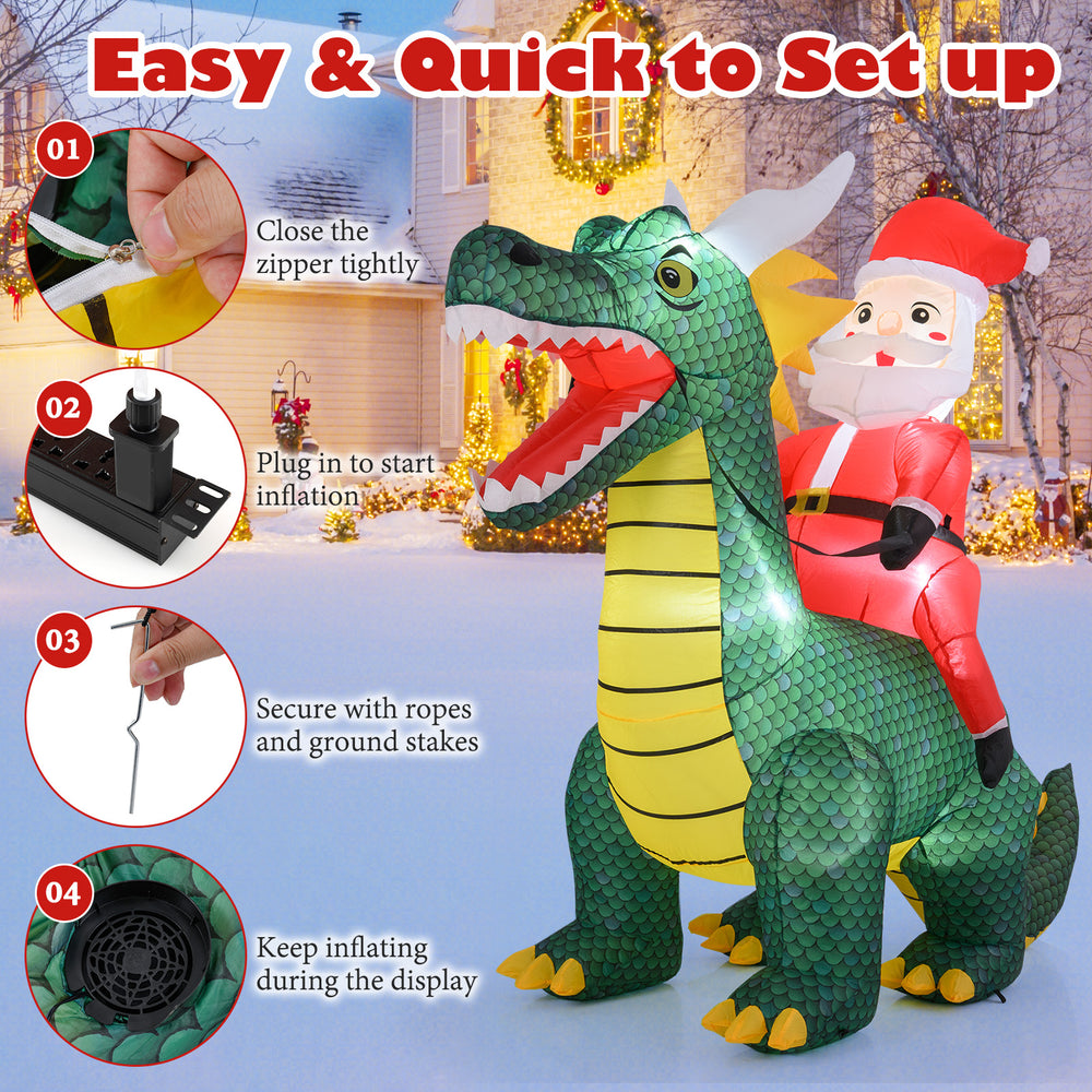 Christmas inflatable featuring Santa Claus riding a dinosaur, made of weather-resistant fabric, with built-in LED.