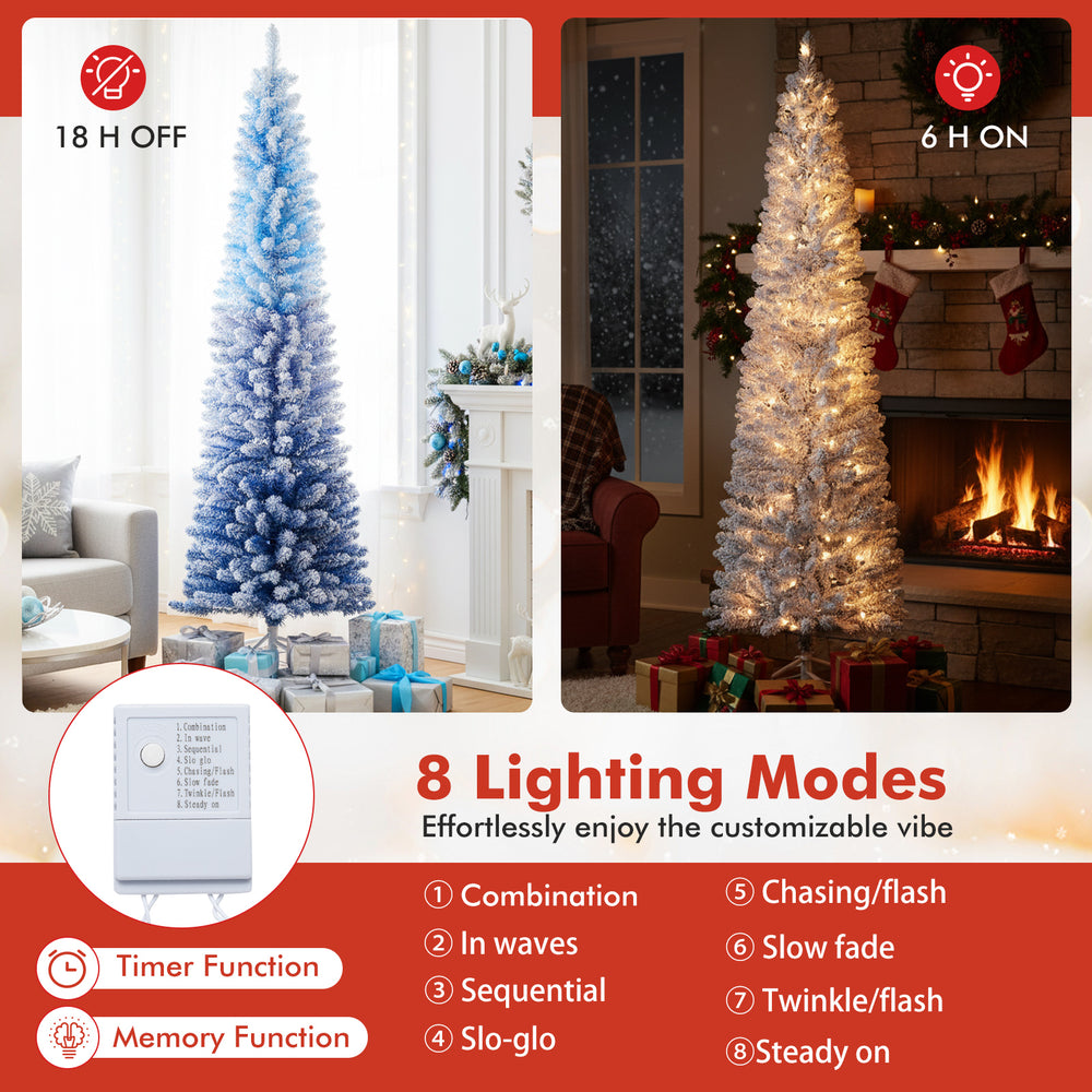 6-foot snow-flocked artificial Christmas tree with 220 warm white LED lights, featuring 8 lighting modes for festive.