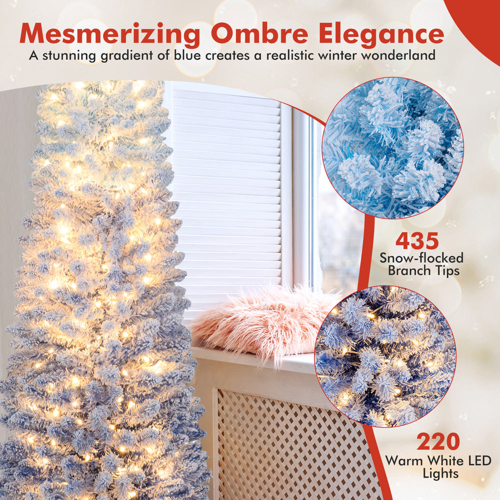 6-foot snow-flocked artificial Christmas tree with a blue gradient, 220 warm white LED lights, ideal for festive decor.