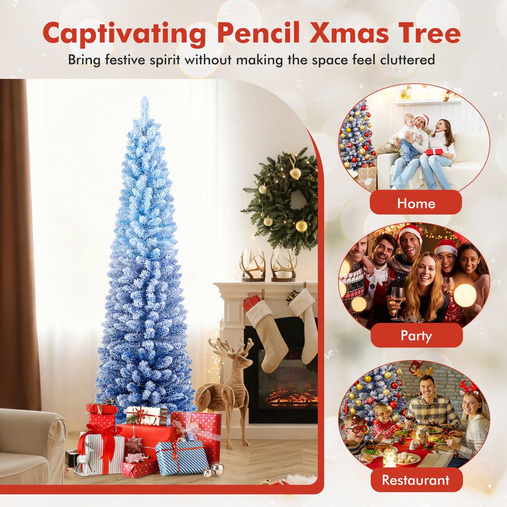 Snow-flocked 6-foot blue Christmas tree with 220 warm white LED lights, perfect for festive home or party decor.