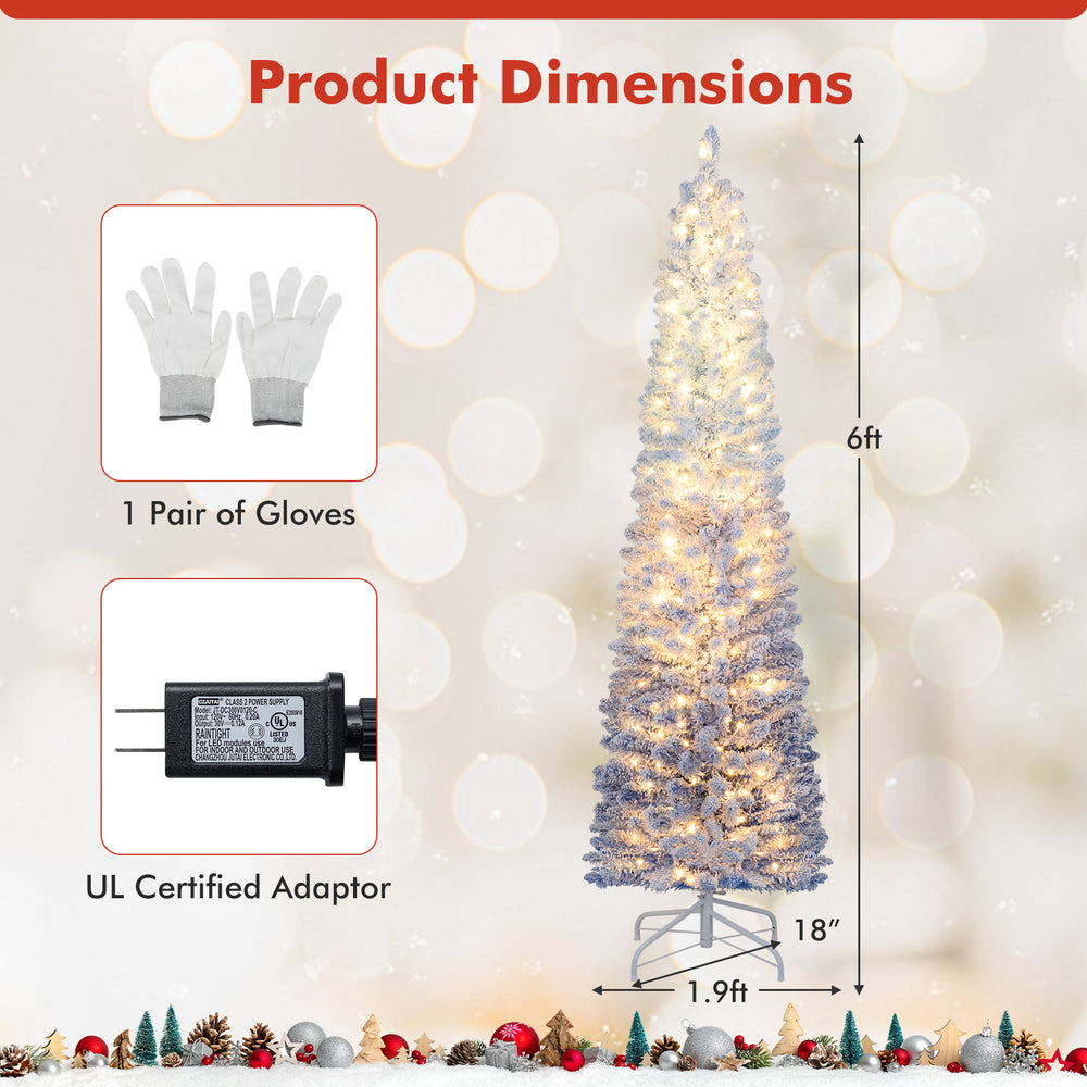 6-foot snow-flocked artificial Christmas tree with 290 warm white LED lights, perfect for festive home decor.