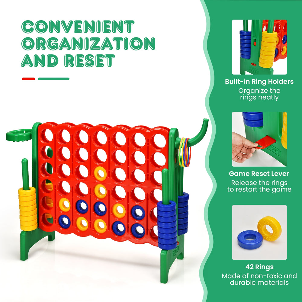 Giant 4-to-score game set in green with built-in ring holders and reset lever, perfect for outdoor family fun.