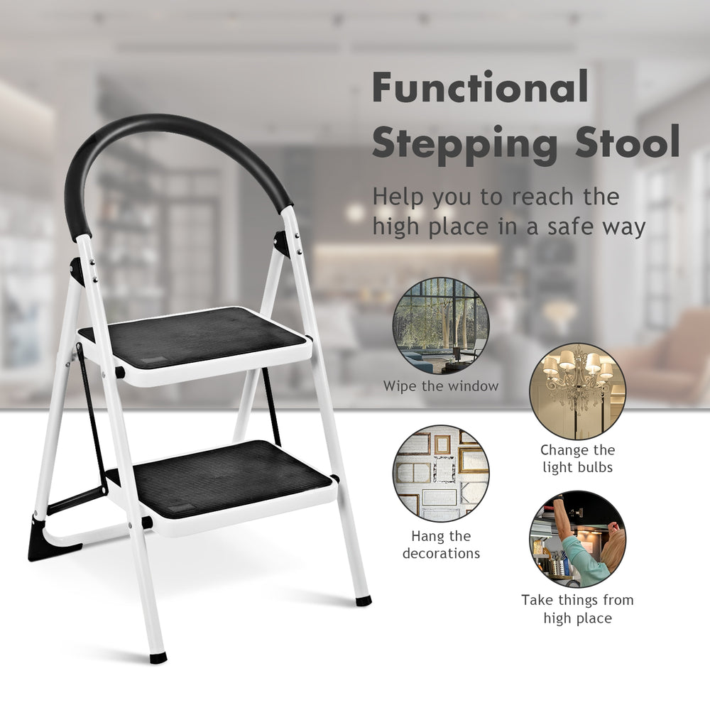 Folding step stool with iron frame and anti-slip pedals, ideal for reaching high places safely in home or office.