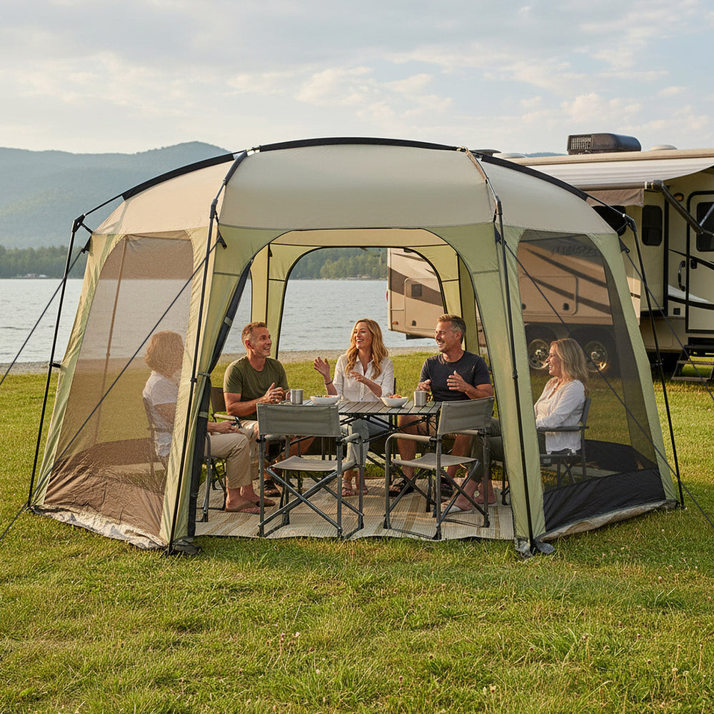 Netted canopy tent for 6-8 people with zippered door, spacious interior, and robust metal poles for outdoor gatherings.