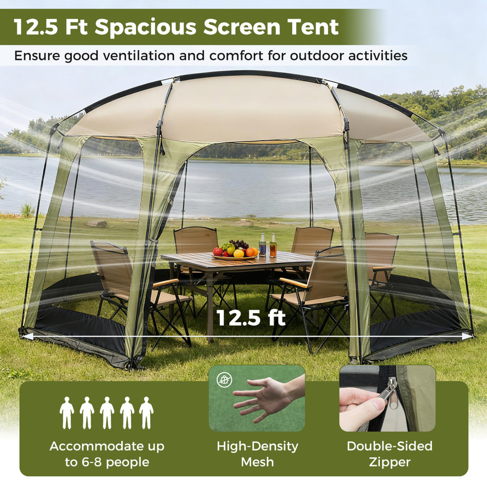 Spacious 12.5 ft netted canopy tent for 6-8 people with zippered door, ideal for outdoor activities and ventilation.