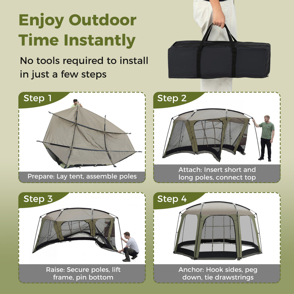 6-8 person netted canopy tent with zippered door, featuring robust metal poles and spacious interior for outdoor.