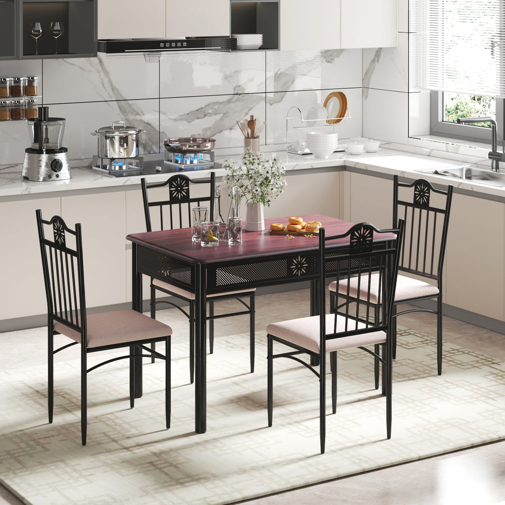 5 Pcs Dining Set Wood Metal Table and 4 Chairs with Cushions - Gallery View 1 of 10