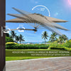 8ft wall-mounted aluminum sun shade umbrella in tan with adjustable angle and space-saving design for outdoor use.