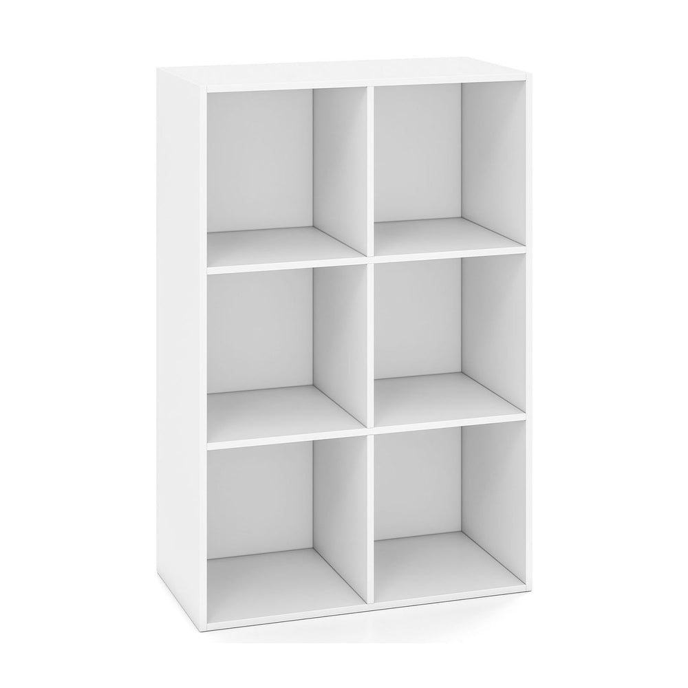 White 6-cube book shelf with tool-free assembly, ideal for storing books and decor in living rooms or bedrooms.