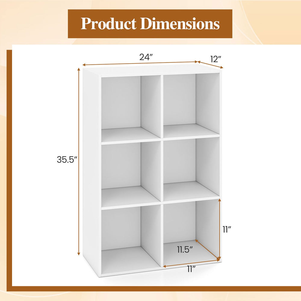 Dimensions of the 3/4/6/9-cube book shelf in white, measuring 24" x 12" x 35.5", ideal for modern storage solutions.