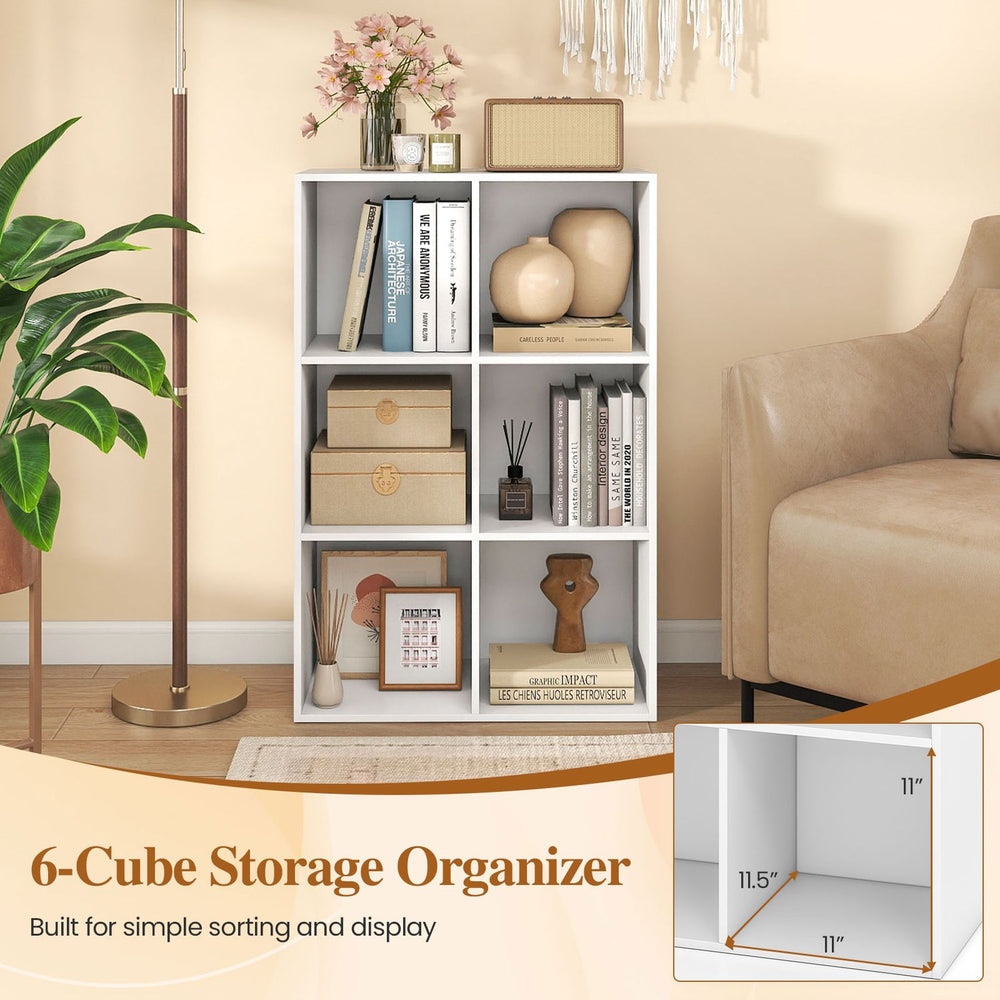 6-cube storage organizer in white, featuring open cubes for easy access, ideal for living room or bedroom display.
