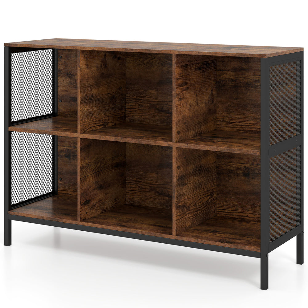 Rustic brown 6 cube bookcase with metal mesh accents, ideal for stylish storage in any living space.