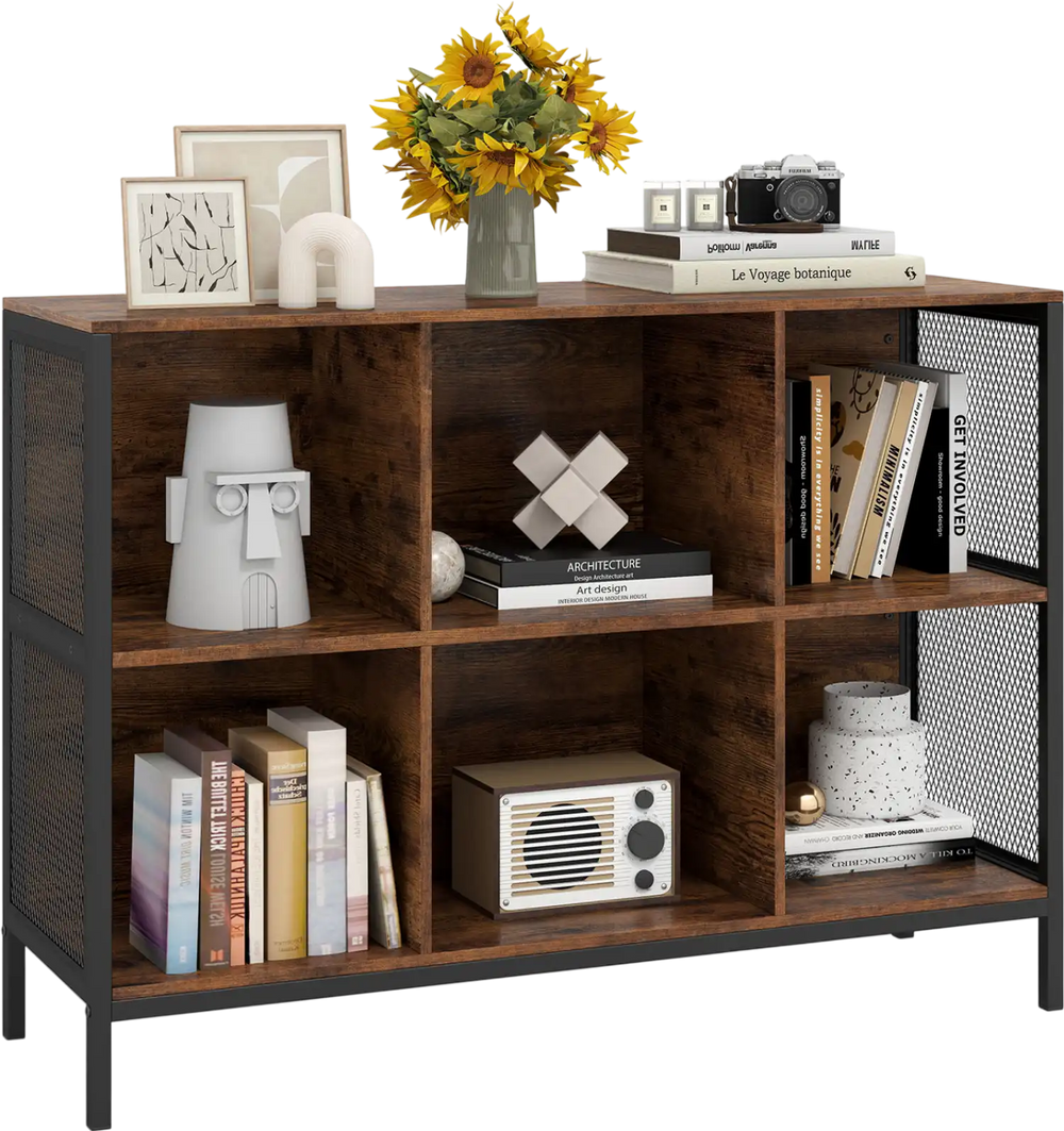6-cube bookcase in rustic brown with accent cubby, perfect for displaying books and decor in any living space.