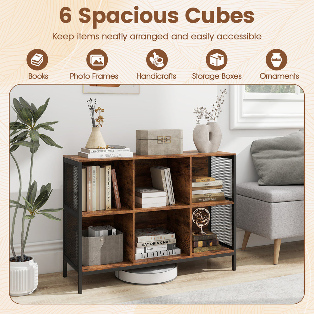 6-cube bookcase in rustic brown, featuring spacious compartments for books, photo frames, and decorative items.