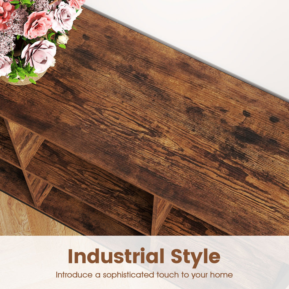 Rustic brown 6 cube bookcase with accent cubby shelf, showcasing industrial style for home decor.