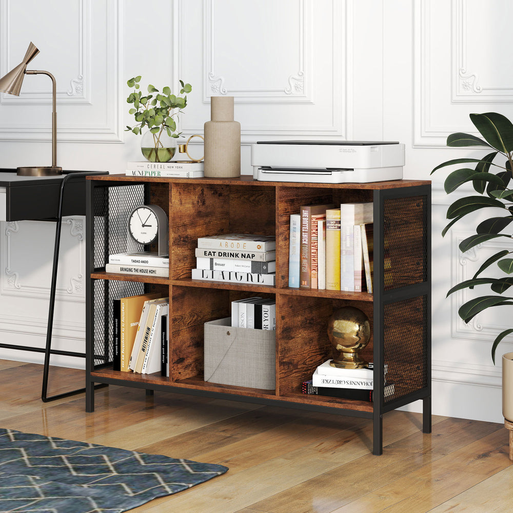 Rustic brown 6 cube bookcase with accent cubby shelf, featuring open storage and metal frame for stylish organization.