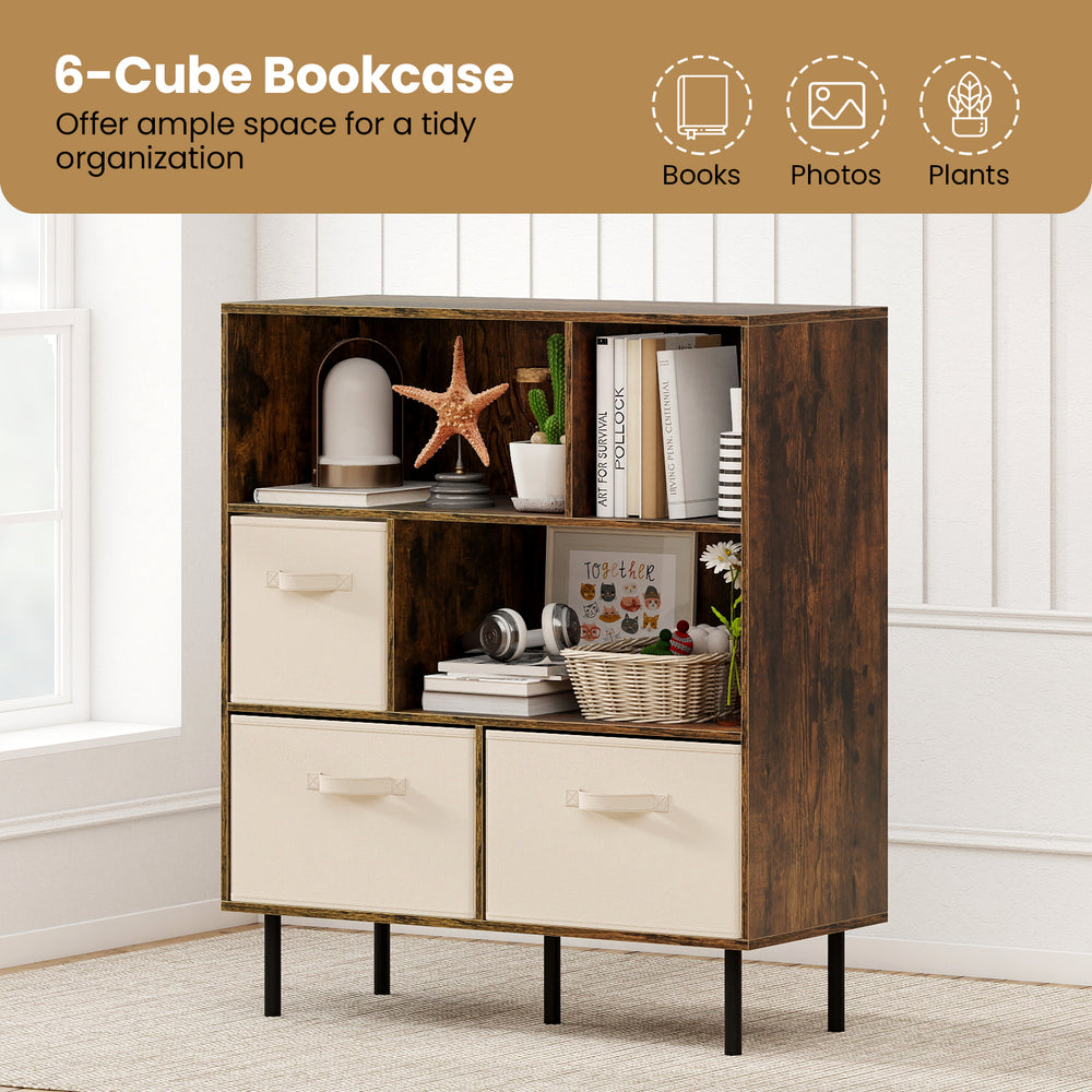 6-cube bookshelf in rustic brown with 3 removable fabric drawers, perfect for organizing living rooms and home offices.