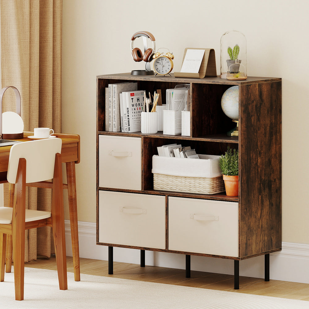 6-Cube Bookshelf with 3 Removable Folding Fabric Drawers for Living Room-Rustic Brown - Gallery View 1 of 10