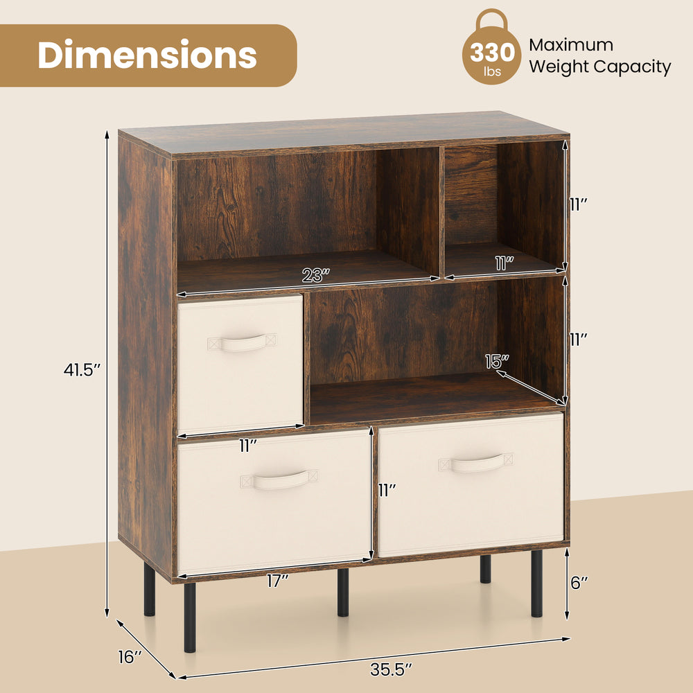 6-cube bookshelf in rustic brown with 3 removable fabric drawers and strong metal legs for living room organization.
