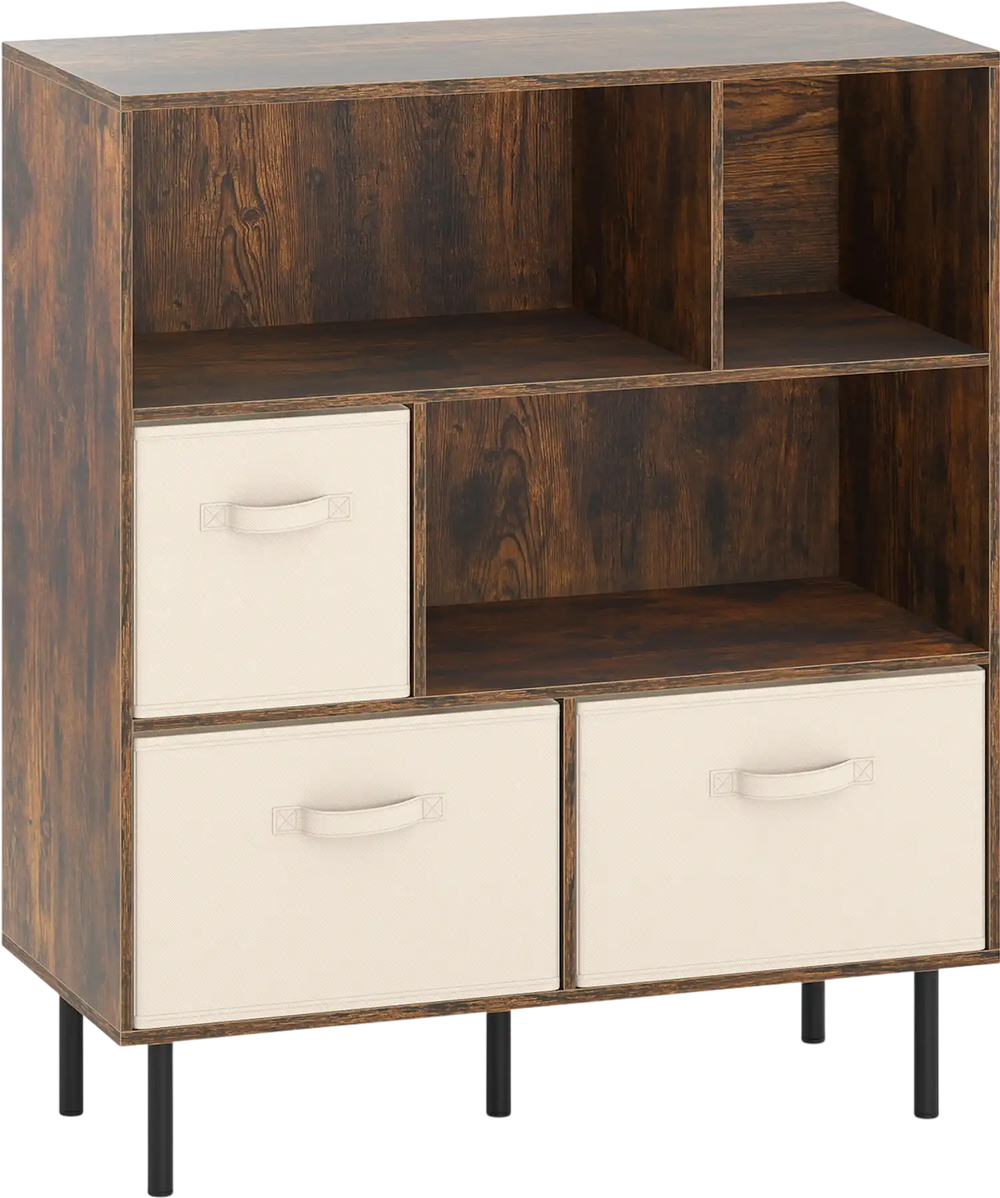 6-cube bookshelf in rustic brown with 3 removable fabric drawers, ideal for living room organization and stability.